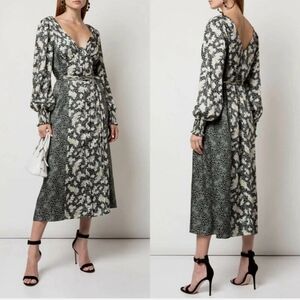 cinq a sept Green and White Floral Midi Dress